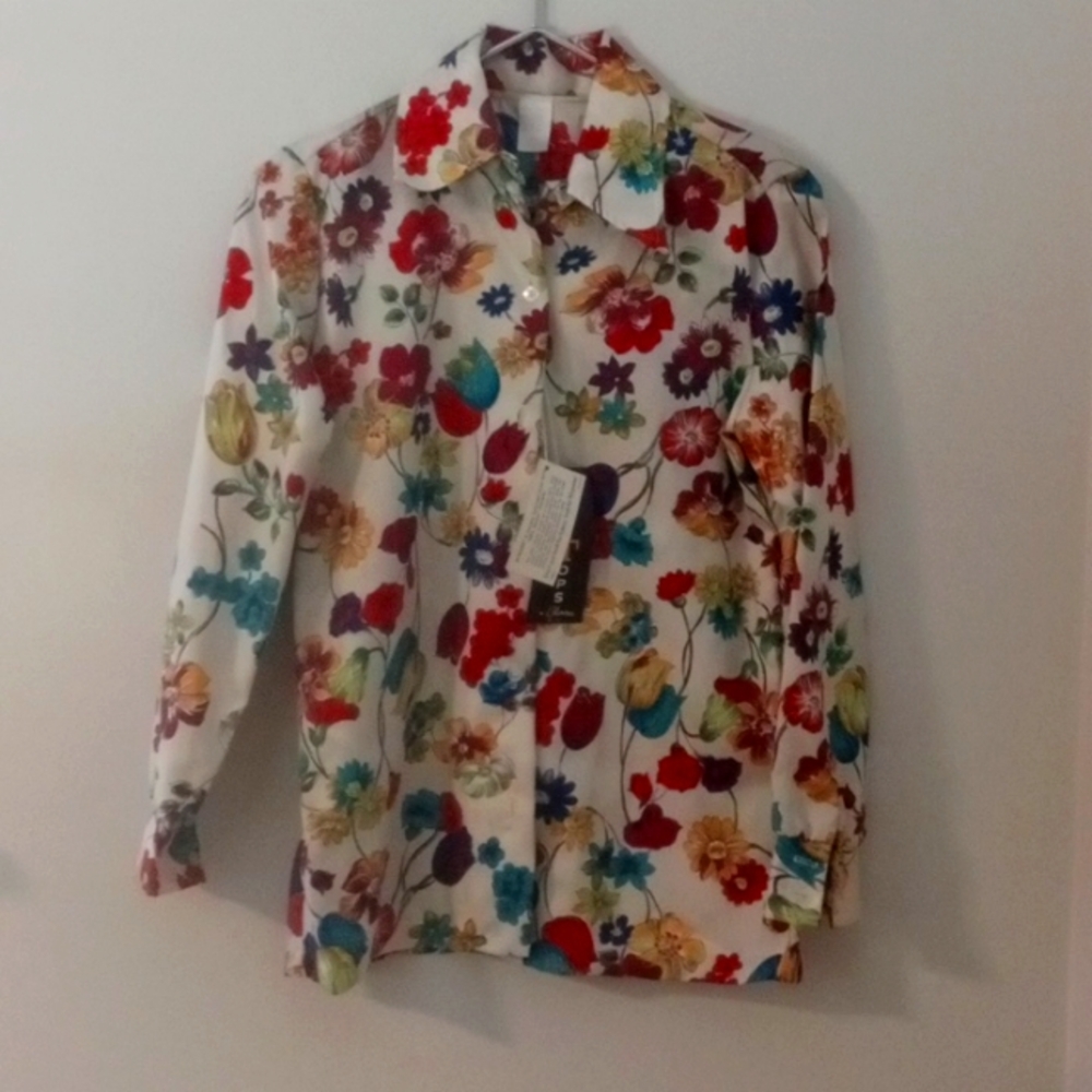 Vintage floral women's blouse collared bright NWT